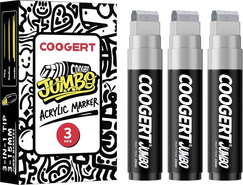 Coogert 3Pcs Silver Jumbo Poster Markers, 15MM Thick Permanent Acrylic Graffiti Markers, Wide Tip Paint Marker for Canvas, Posters Board, Fabric, Window, Glass, Wood, Teachers,Banner painting supplies - Image 1